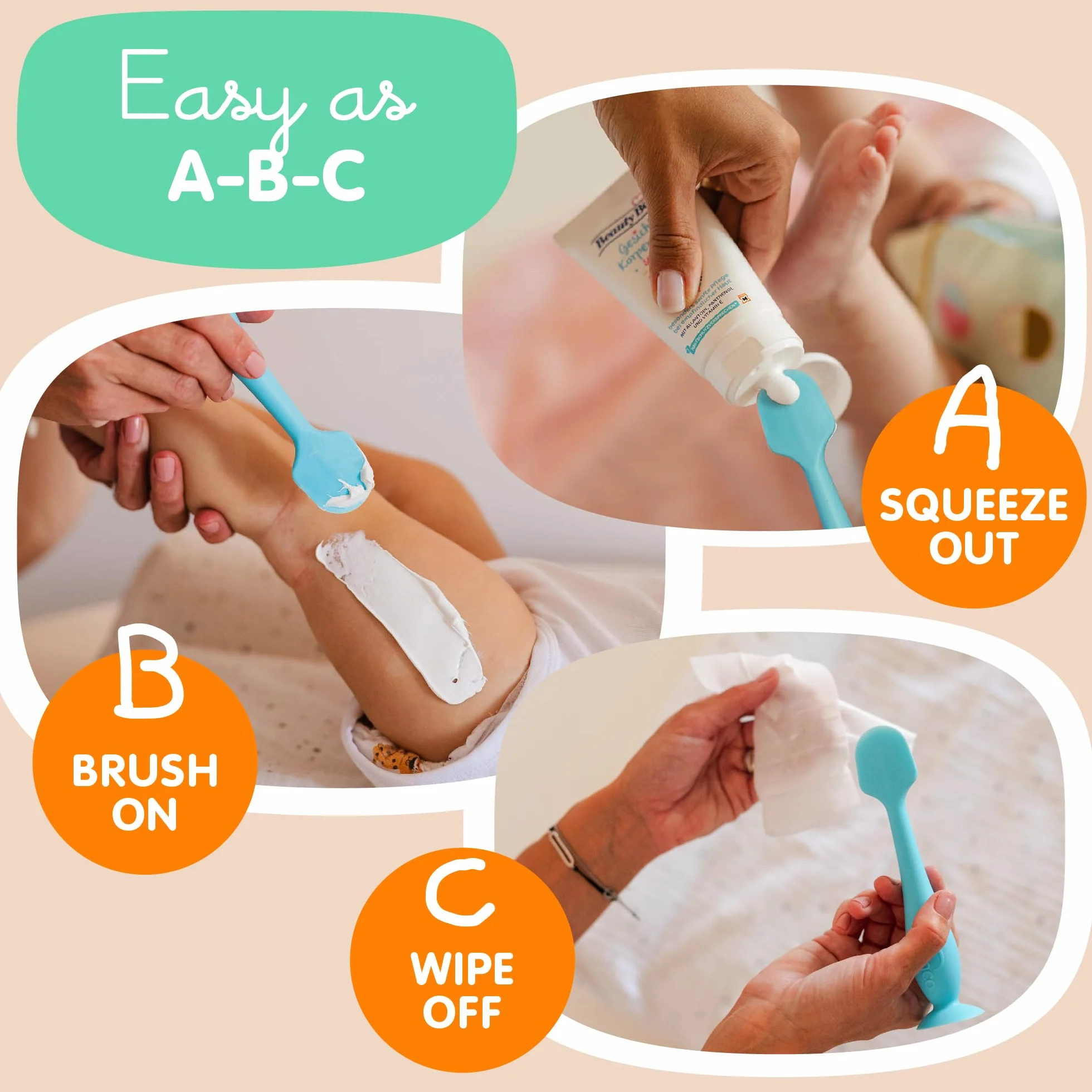 Bumco Baby Essentials für Neugeborene – Baby Bum Brush Original Windel Rash Cream Applikator, weicher, einzigartiges Geschenk plus Mini-Windelausschlag-Creme-Applikator mit Reiseetui, Blau & Grau | BPA-frei – Wickeltasche mit Saugnapf-Boden. Inklusive Rei