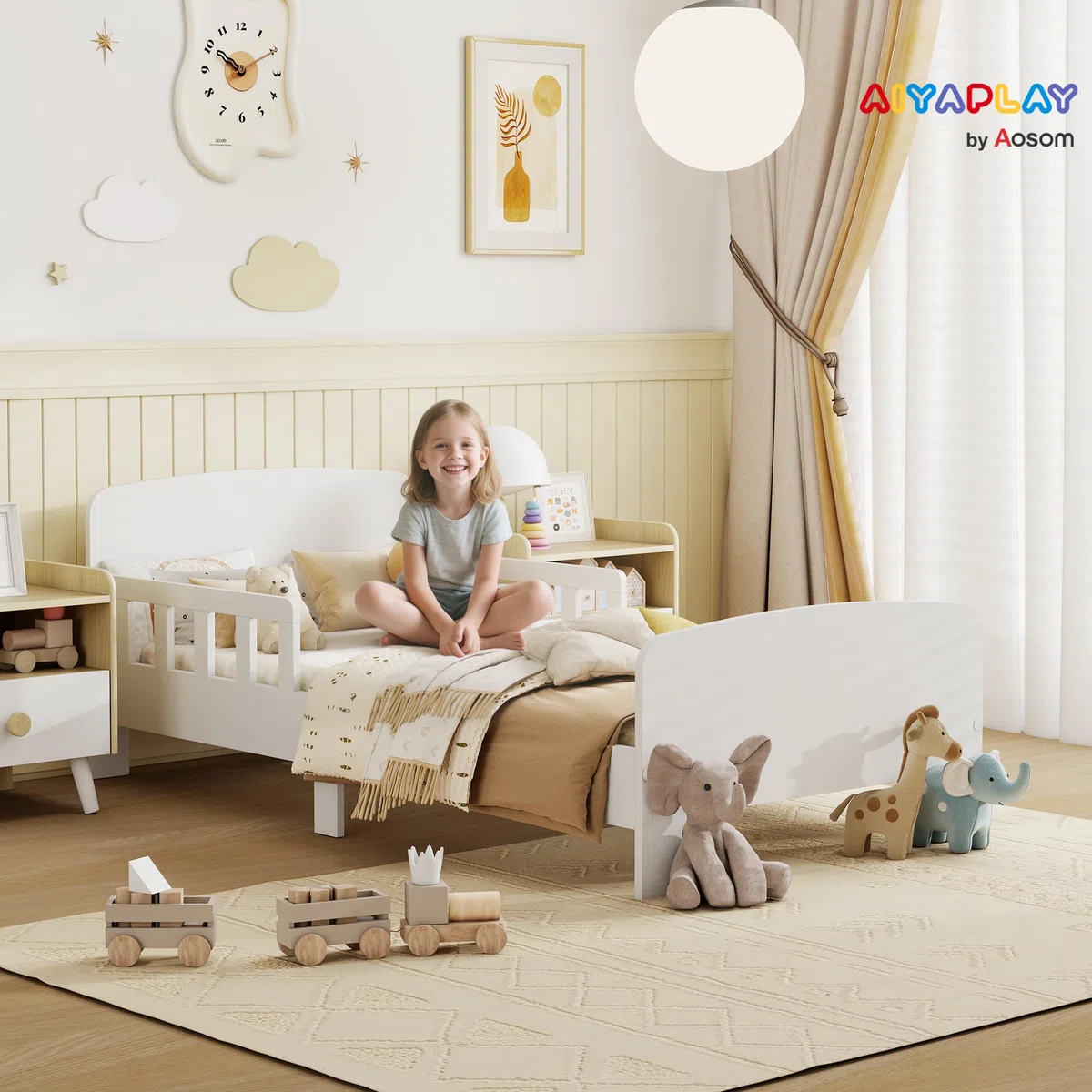 AIYAPLAY Kinderbett, Kinderbodenbett mit hohen Sicherheitsgittern, Lattenrost und stabilem Rahmen, für Mädchen und Jungen von 3 bis 8 Jahren, geeignet für Matratzen 140 x 70 cm, weiß
