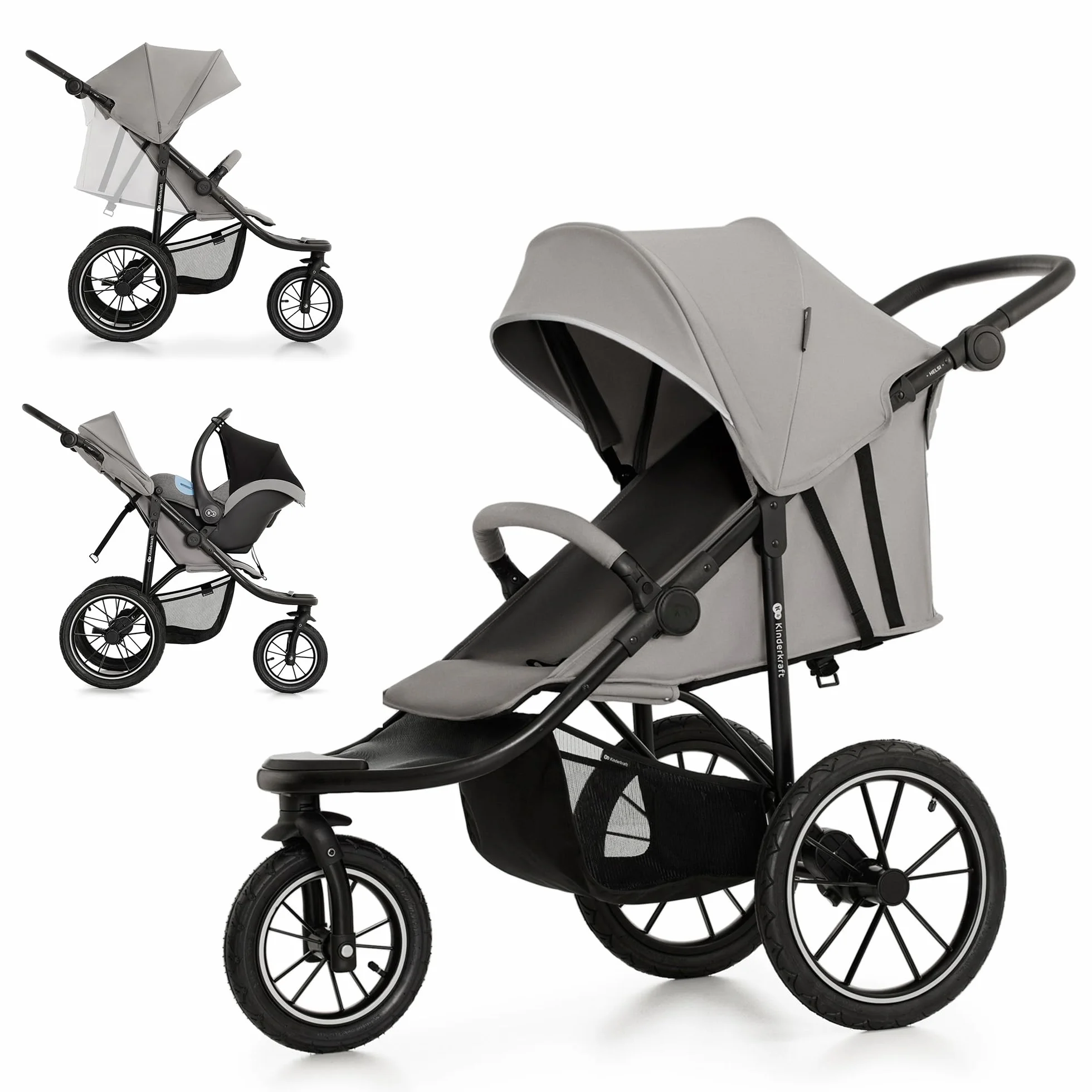 Kinderkraft HELSI 2 Buggy bis 27 kg, ab Geburt, große Luftreifen, Liegefunktion, verstellbarer Griff, zusammenklappbar, Untersitzkorb, Grau