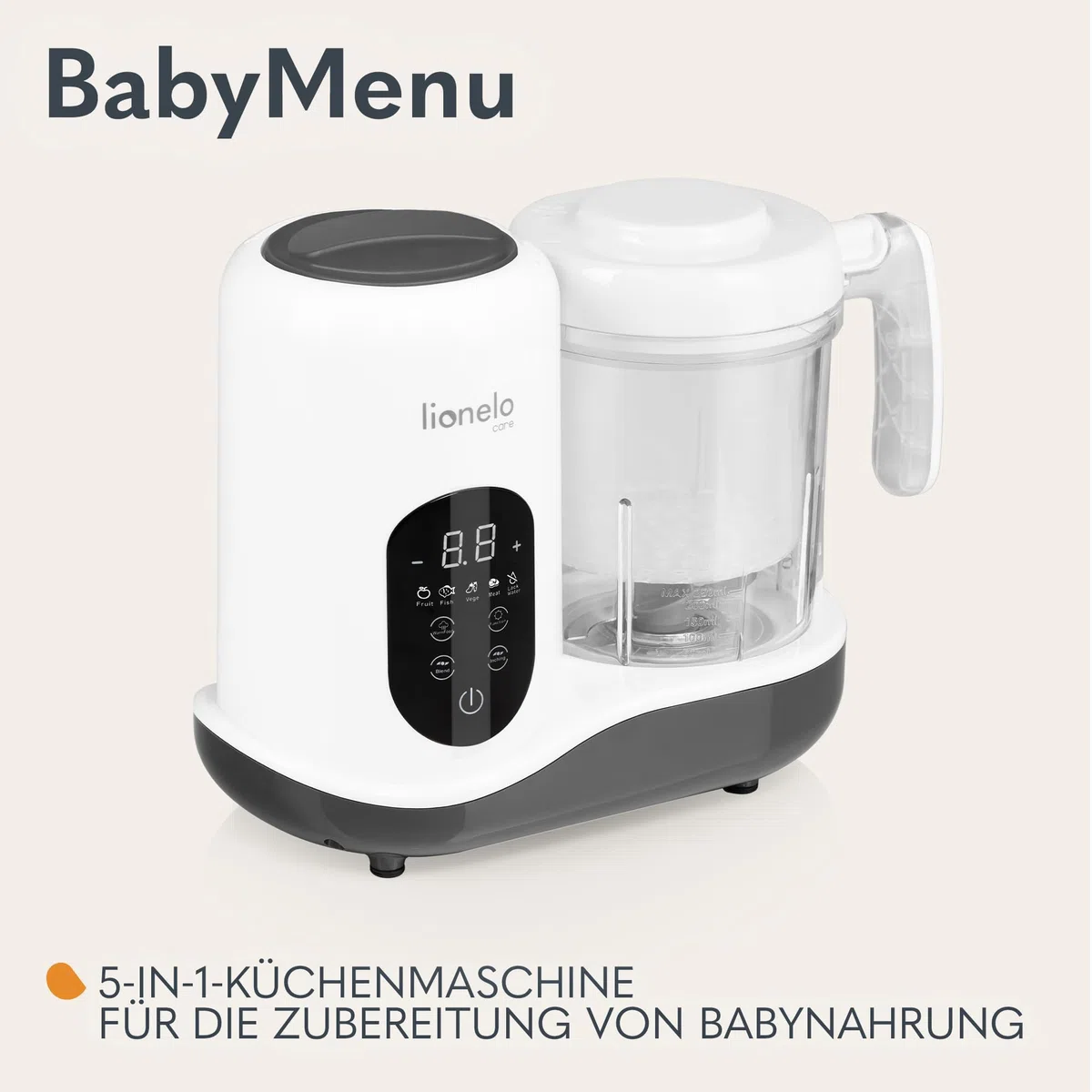 LIONELO BABYMENU Küchenmaschine zur Zubereitung von Babynahrung | 4 Programme Dämpfen, Mixen, Erhitzen, Auftauen, Online-Rezepte, Weiß