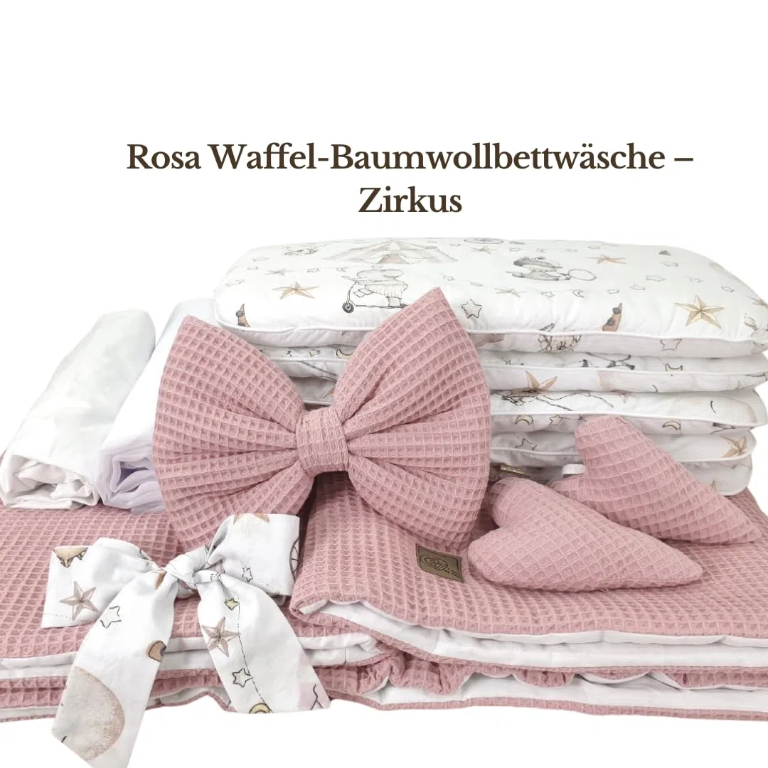 Stubenwagen Lena mit Baldachin – Babywiege mit Rollen, Matratze & Bettwäsche aus Waffelstoff mit Rosa - mit Zirkusmotiv, handgefertigt, weiß Moseskorb aus Weide