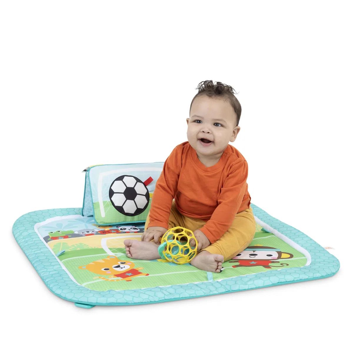 Bright Starts Greif- und Kick-Oball-Aktivitätsgym, Fußballthema, 4 Spielmodi, Bauchlage-Kissen, Licht & 30+ Melodien, Abnehmbarer Spielbogen, Waschbare Matte, Unisex, Ab Neugeborenen