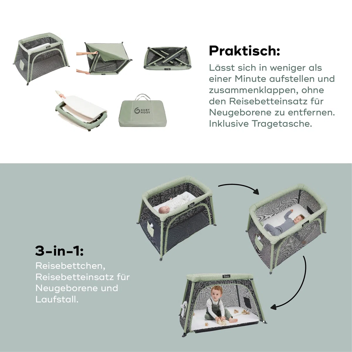 Babymoov Moov & Comfy 3-in-1 Reisebett für Babys und Kleinkinder - bis 20kg, mit zwei Ebenen, Beistellbett für Neugeborene