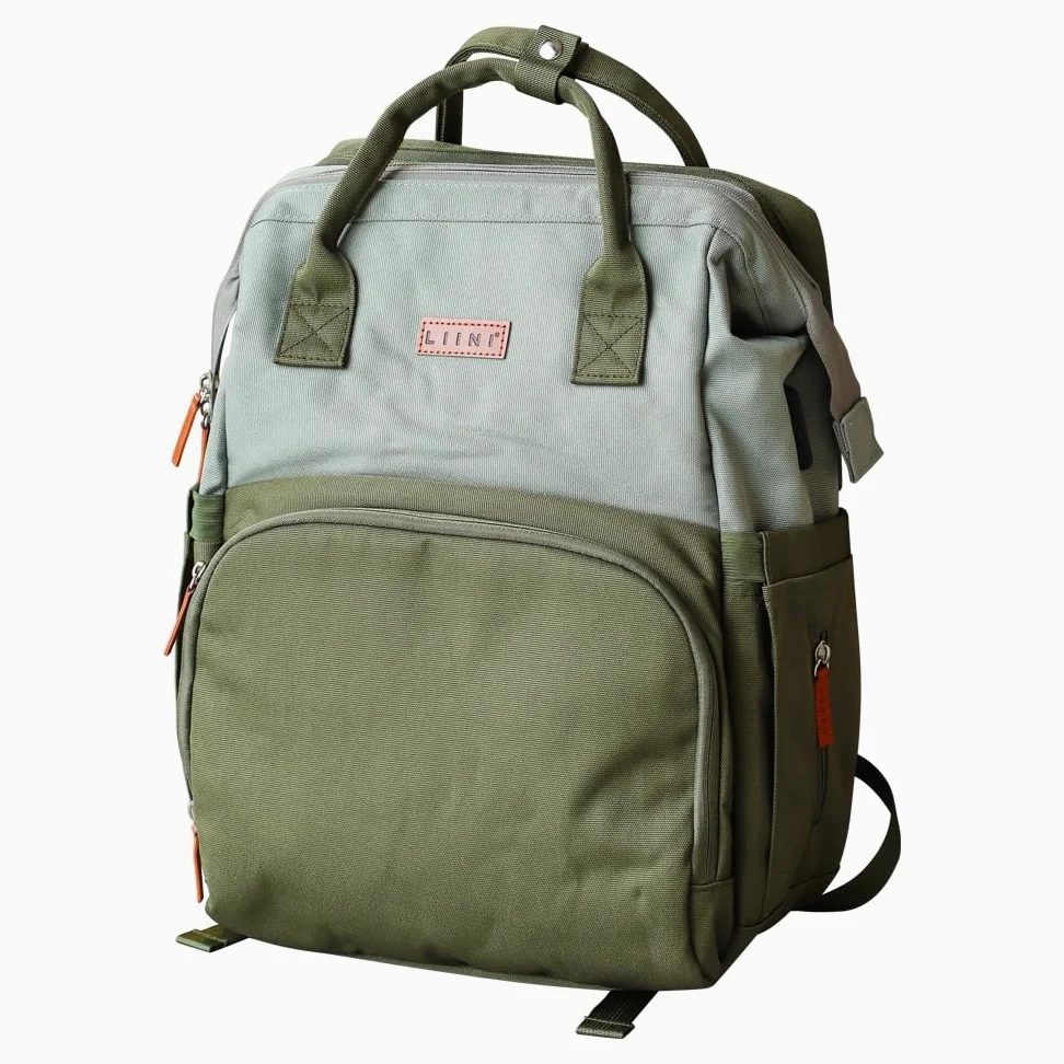 LIINI® Wickelrucksack Olive rPET – 29L Wickeltasche Rucksack aus recycelten PET-Flaschen, wasserfächer für nasse Kleidung, isolierte Flaschenfächer, inkl. Wickelunterlage & Kinderwagenhaken