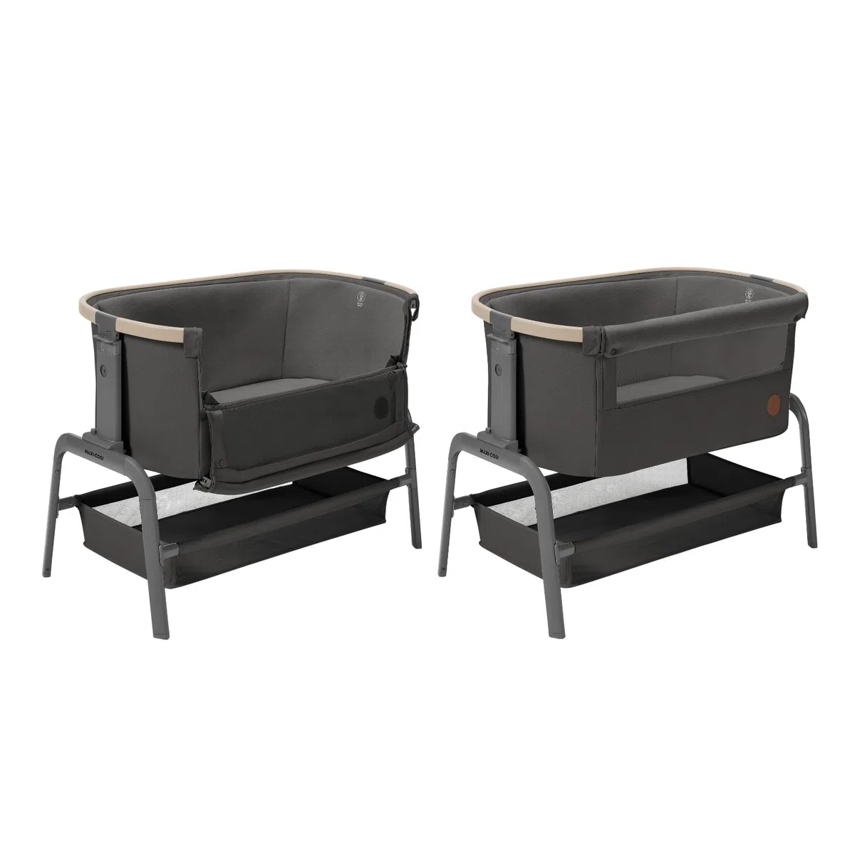 Maxi-Cosi Iora Beistellbett Baby, Faltbares Co-Sleeper, 0–6 Monate, max. 9 kg, 4 Neigungs- und 5 Höhenstufen, Leichtes Schieben, Bequeme Matratze, Großer Korb, Leicht zu Tragen, Beyond Graphite