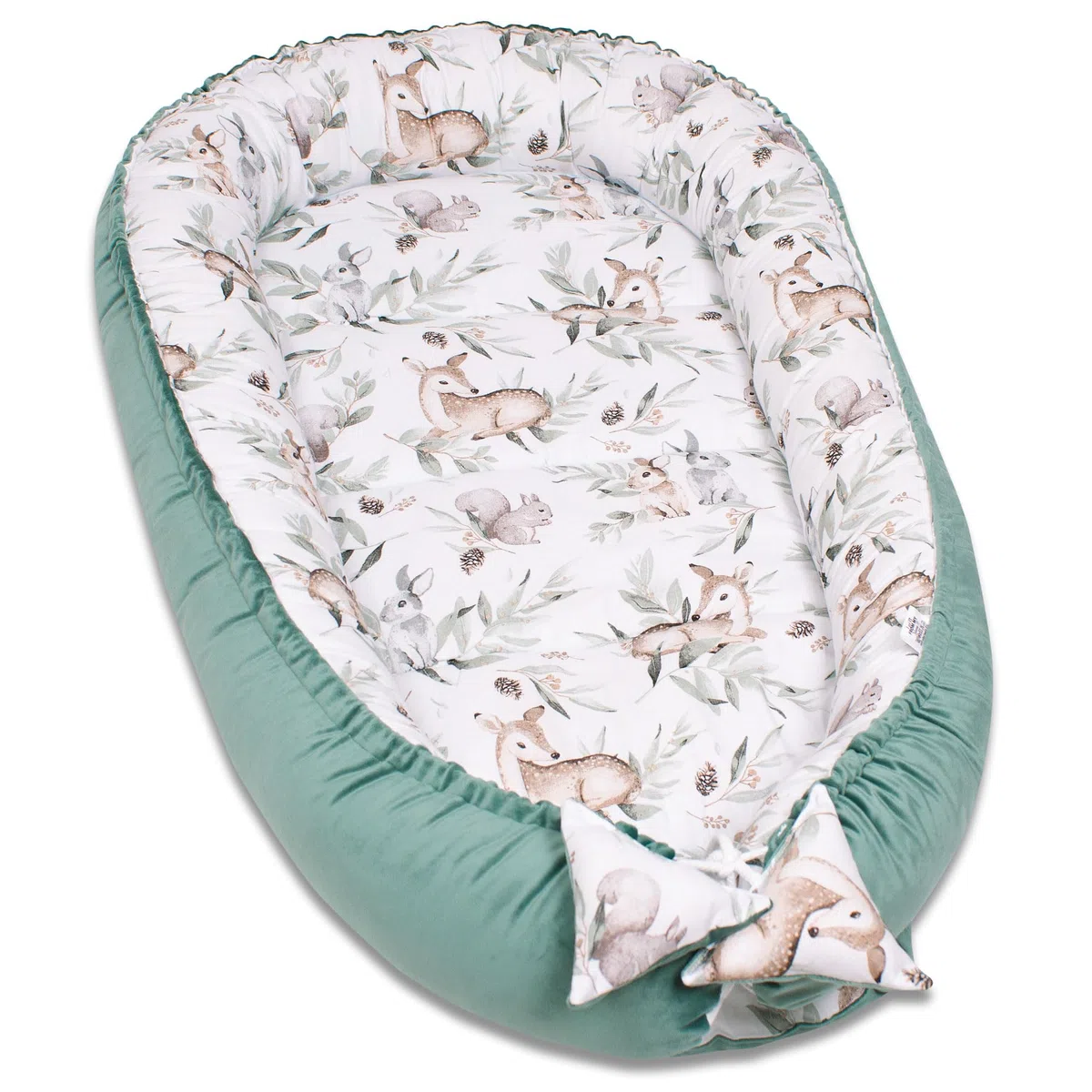 PaLulli Kuschelnest 2-seitig Babynest Babynestchen Baby Nest Nestchen Reisebett Wickelauflage Kuschelbett, Kokon Kokon für Babybett - Babys und Säuglinge, 100% Baumwolle Oeko TEX (Grüne Hirsche)