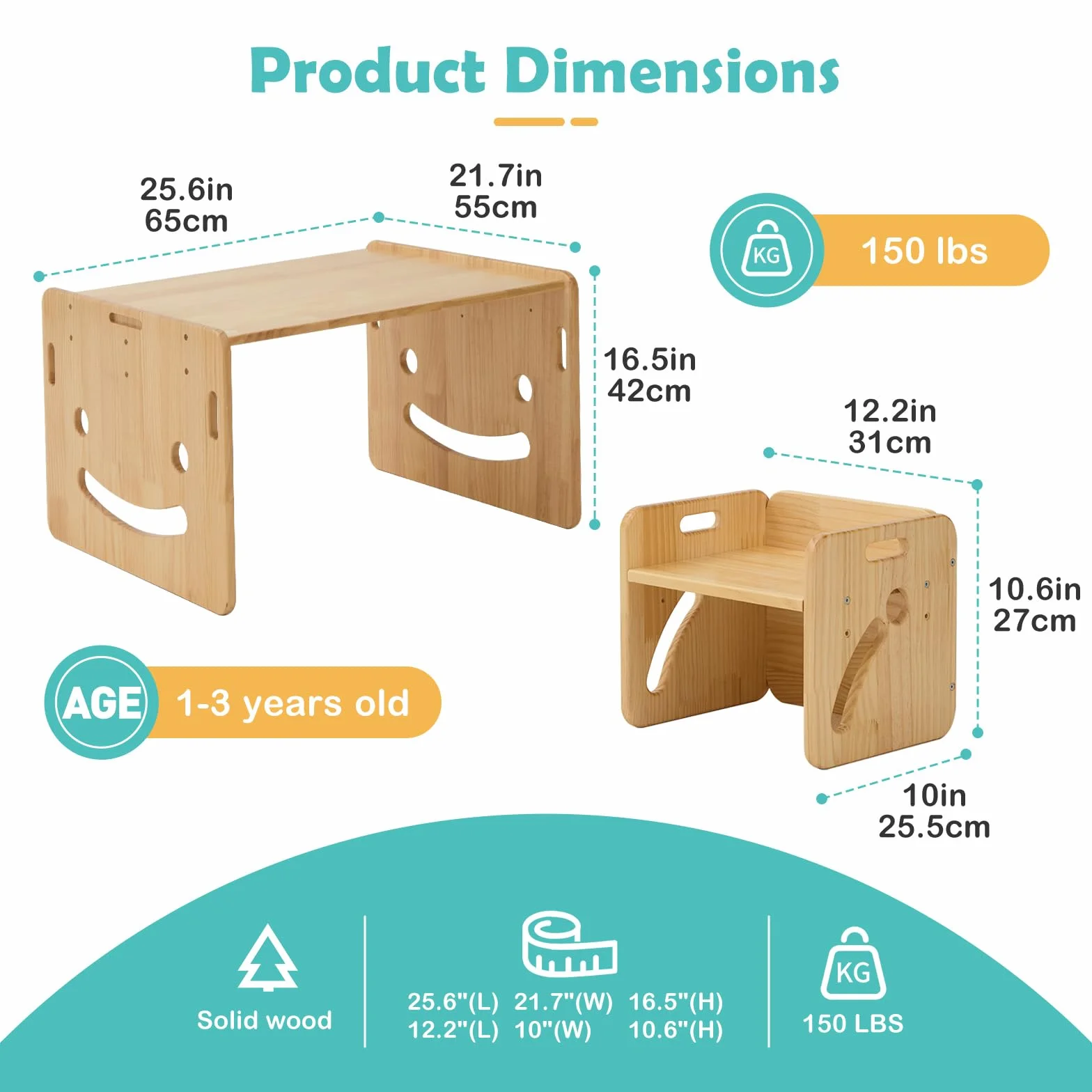 FUNLIO Montessori Höhenverstellbares kindertisch mit 2 stühlen für 1-3 Jährige, hochwertiger Massivholz Kinder Tisch Stuhl Set, zum Lesen/Essen/Spielen, einfach aufzubauen - Quadratischer Tisch