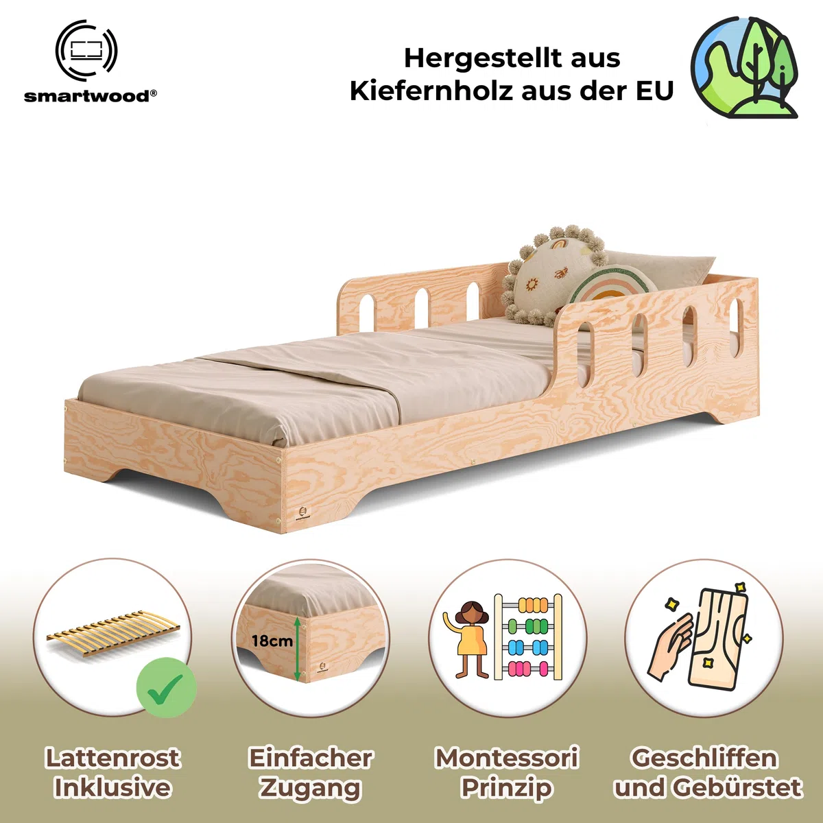 smartwood Kinderbett 140x200 cm - Montessori Bett mit Rausfallschutz & Lattenrost - Kinderbett aus Holz mit FSC-Zertifikat - Bodenbett für Jungen & Mädchen - Einfache Montage - TILA 6