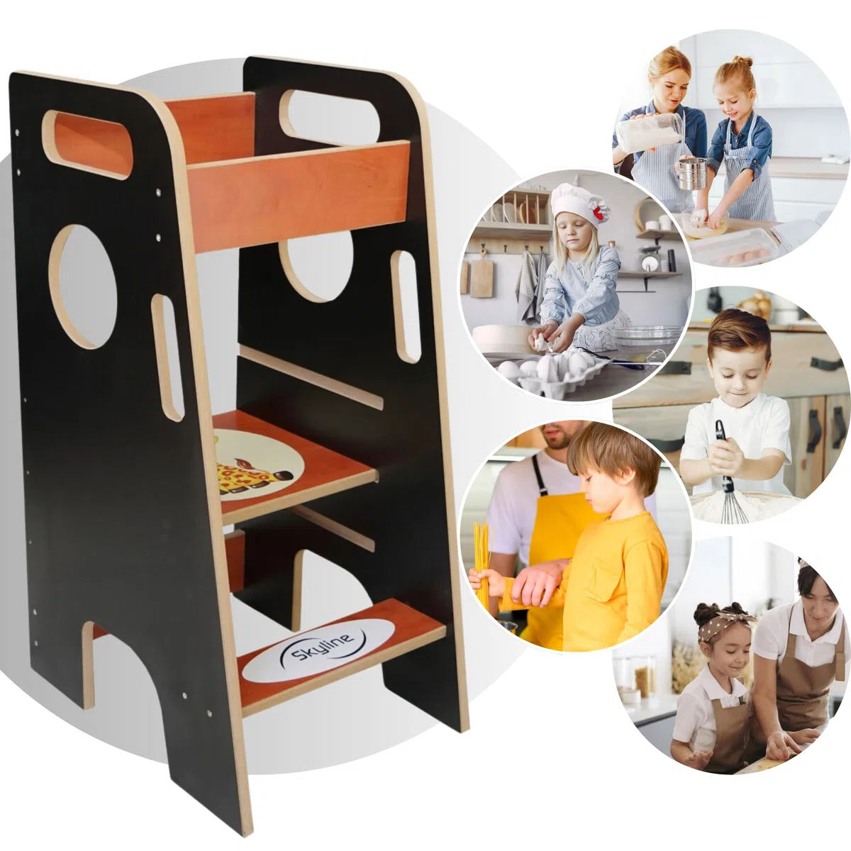 Skyline Lernturm aus Holz Für Kinder Baby I Lernstuhl Montessori I Küchenhelfer mit Verstellbarer Höhe und Sicherheitsschiene I Learning Tower für Mädchen & Jungen (Modellnummer 2)