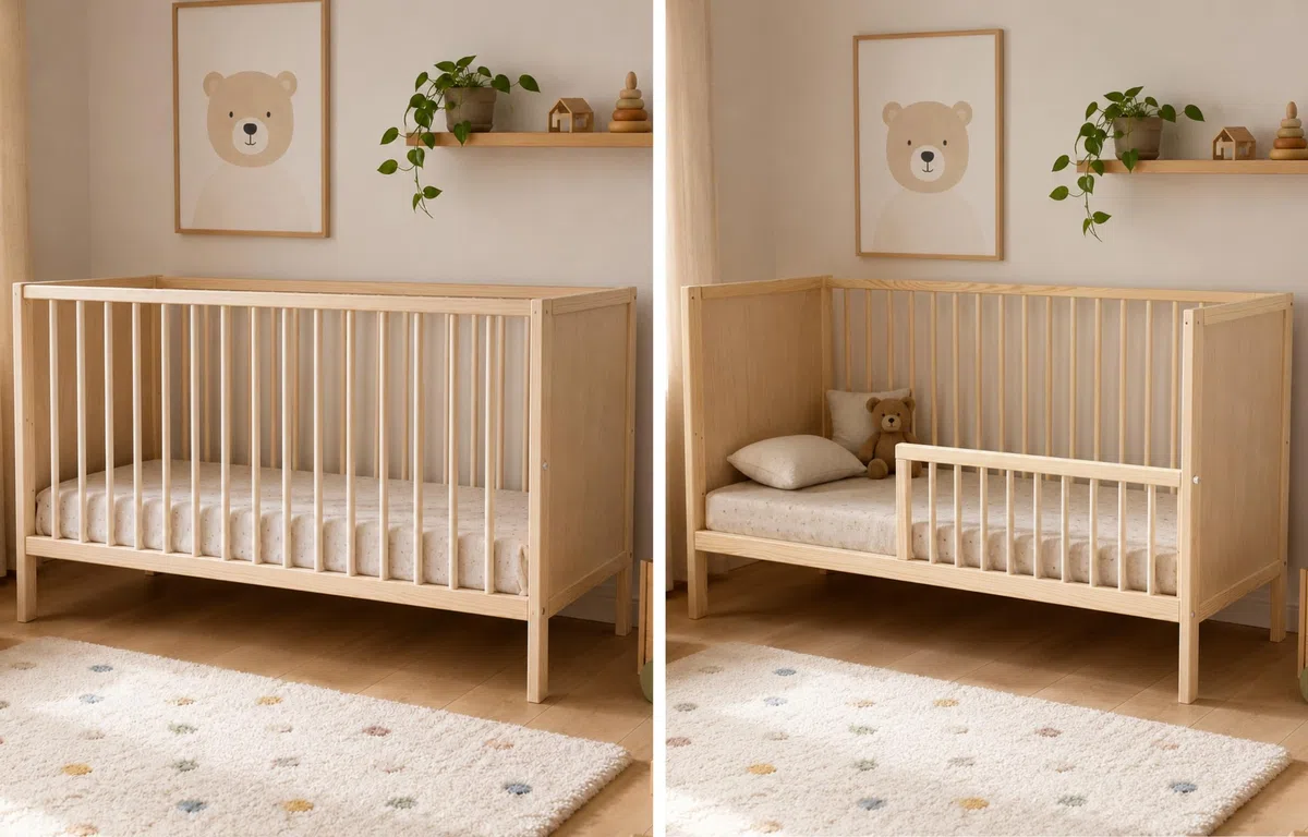 Kids Collective Babybett Kinderbett Beistellbett | Modulares Gitterbett Lattenrost 3-Fach höhenverstellbar & abnehmbare Sprossen | Baby Bett Holz Kinderzimmer | 120x60 cm | Natur