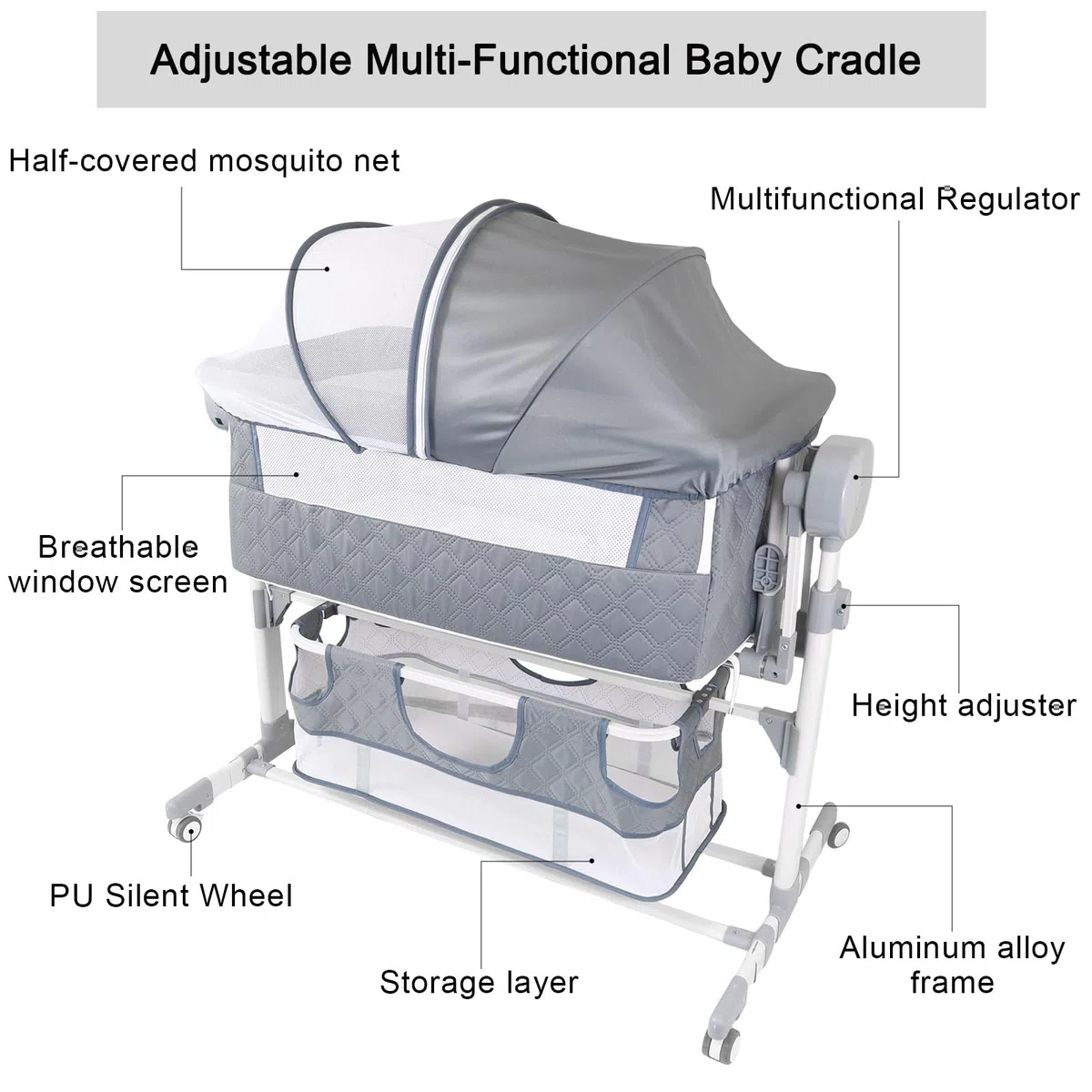 Tragbares Bettchen 3 in 1, Babyschaukel, Neugeborenenbett, mit Wickeltisch, Moskitonetz, Aufbewahrungskorb, Matratze, 4 Räder, für 0-24 Monate Baby (Elektrisch GRAU)