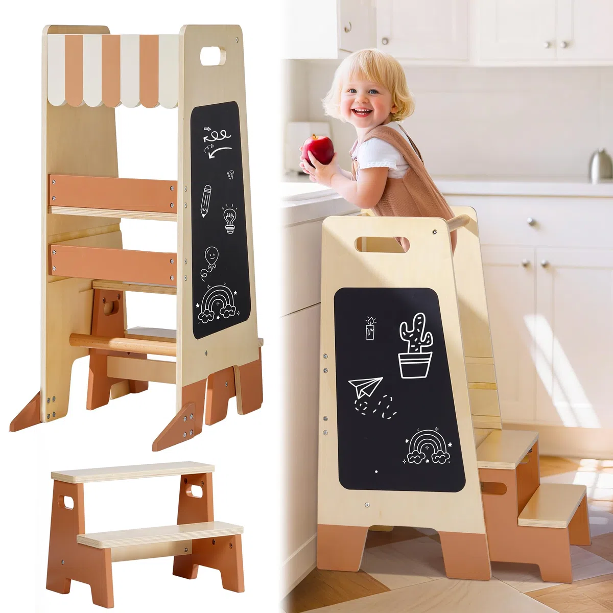 ROBOTIME Tritthocker aus Holz für Kleinkinder mit Sicherheitsgeländer & Tafel – Montessori Küchenhelfer für Kinder ab 2 Jahren, Badezimmer- & Kindermöbel