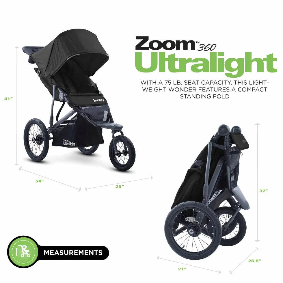 Joovy Zoom 360 Ultraleichter Jogging-Kinderwagen, Sports Buggy, großes Vordach, extra große luftgefüllte Reifen, schwarz