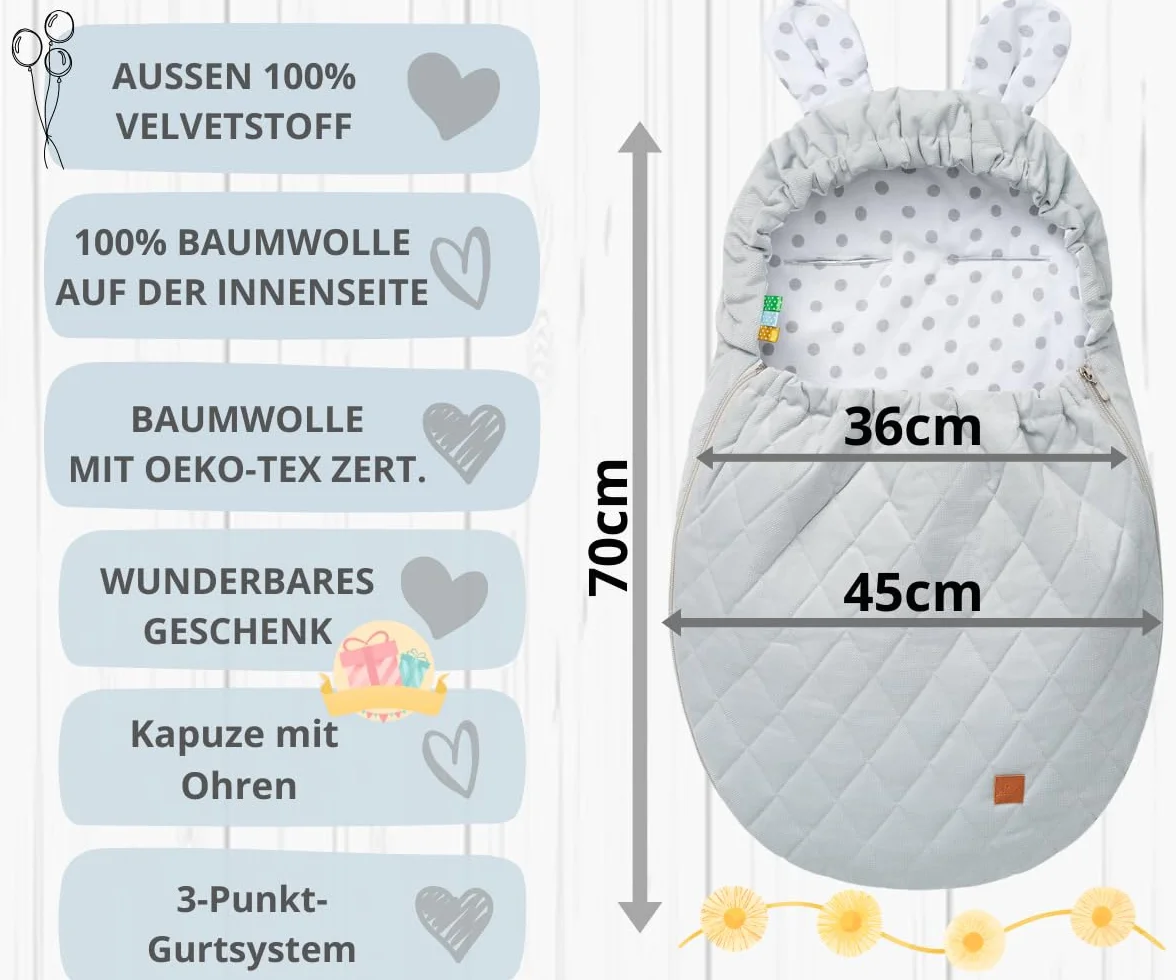 Mikos Einschlagdecke Babyschale Sommer mit Kapuze für Neugeborenes, für Kindersitz Kinderwagen, Autositz, z.B. für Maxi-Cosi, 3-Punkt Gurt Grau Pucksack für Babys, Kinderautositz (51)