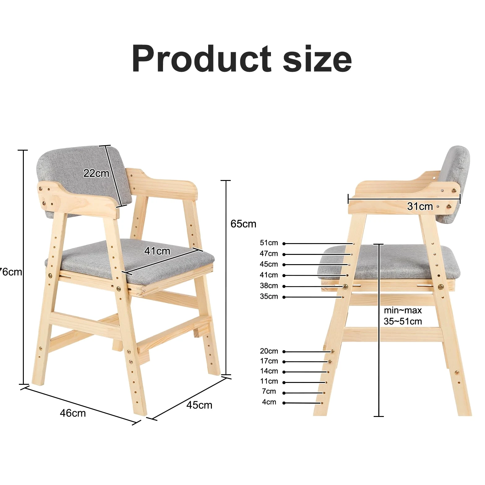 Hochstuhl aus Holz, verstellbar, Lehrstuhl,kinderstuhl,hochstühle,bis 90 kg für Kinder und Erwachsener aus hochwertigem Buchenholz, 1-12 Jahre,48 x 46 x 78 cm – Grau