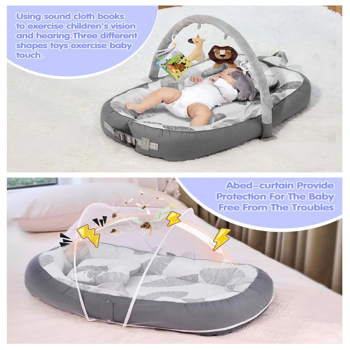Babynest-Set mit Spielzeug, beaufsichtigter Baby-Schlafschale, weich und atmungsaktiv, 100 % Baumwolle, Schlafkopf-Baby, 76 cm x 53 cm, für 0–9 Monate. Unverzichtbares Geschenk für Neugeborene.