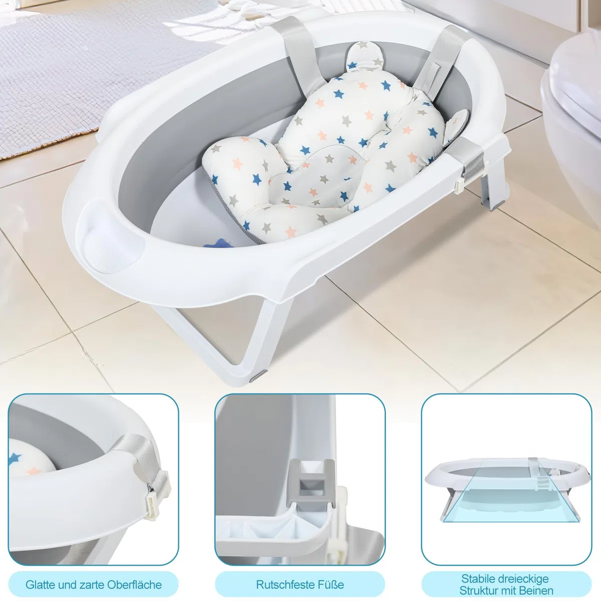 Ikodm Baby Badewanne mit Gestell, Faltbare Babybadewanne mit Rutschfestem Ständer, Baby Wanne mit Badematte, Badewanneneinsatz Baby für Neugeborene Kleinkinder, Grau