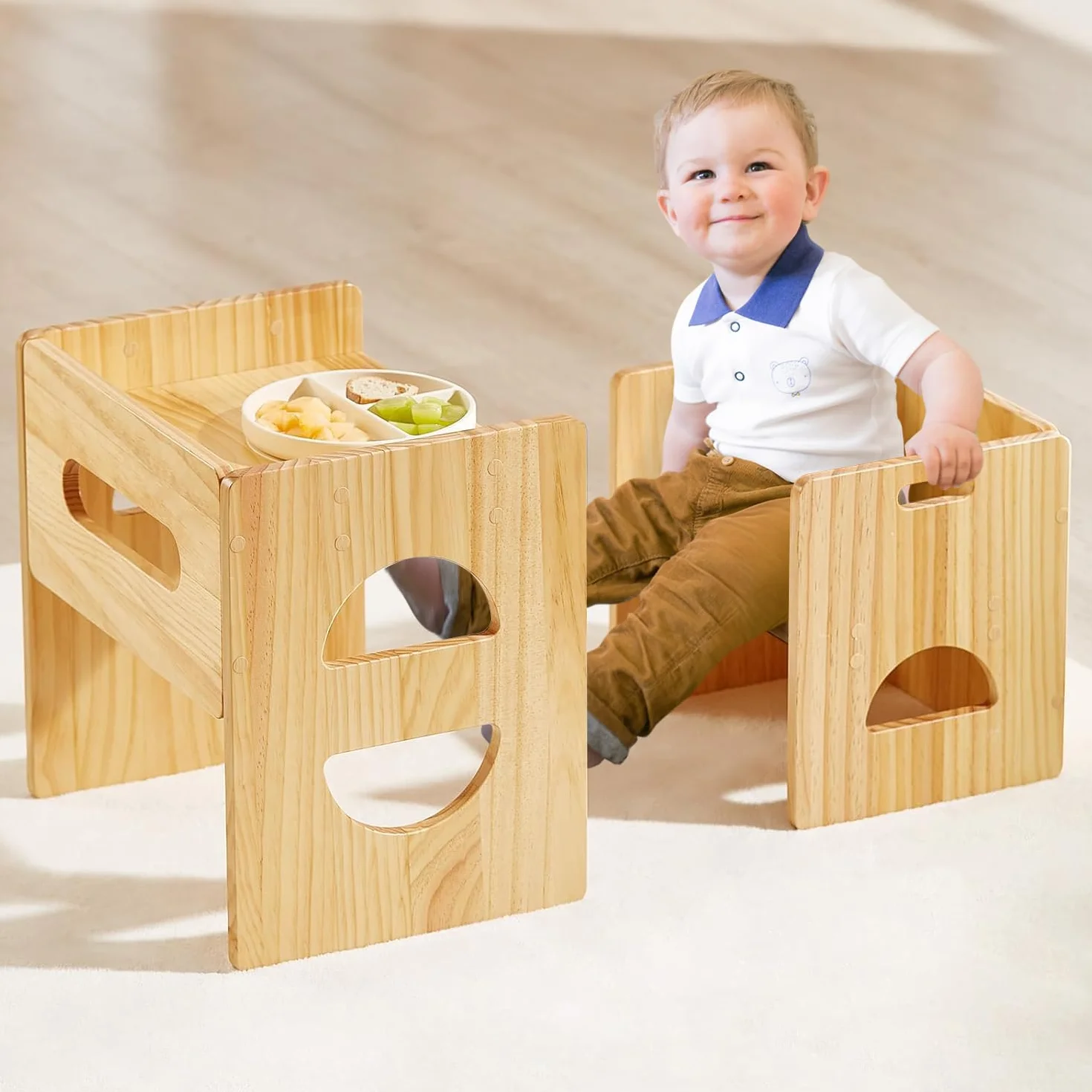 FUNLIO Höhenverstellbarer Montessori Tisch und Stuhl für Kinder 1-3 Jahre, Massivholz, Entwöhnung Baby Tisch für Essen/Spielen/Lesen, einfach zu montieren - Natur