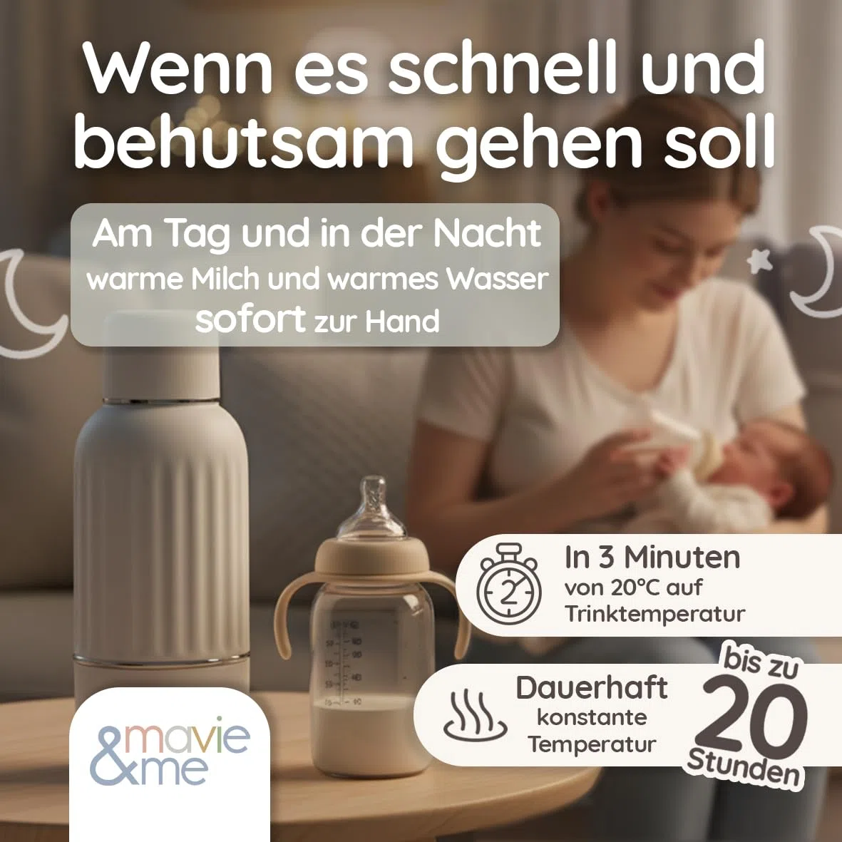 Baby Flaschenwärmer 500ml BPA frei & Sterilisation Schnellaufheizen in 3 Min tragbarer Milchwärmer & Muttermilch Erwärmer mobiler Wasserwärmer Portable Warmer mit Akku (matt weiß)