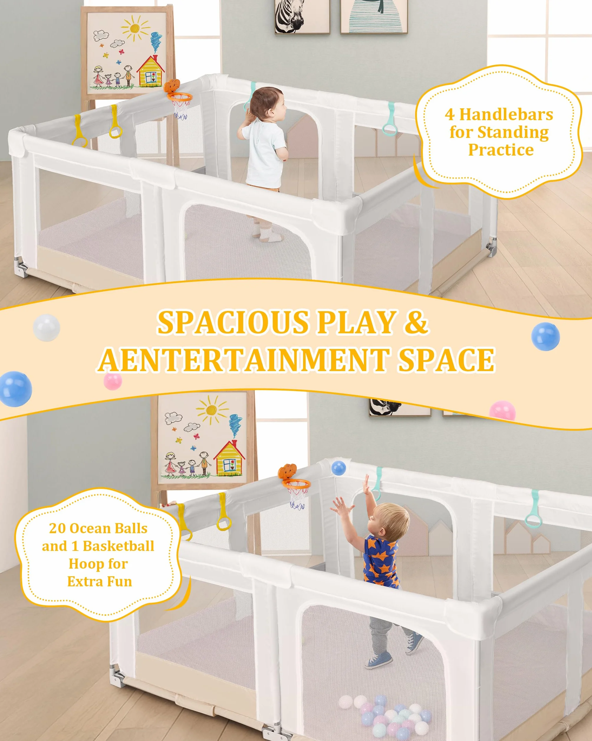 Großer und Faltbarer Laufstall für Baby: 180 x 150 x 75 cm Playpen,für Drinnen und Draußen,mit 20 Bällen,1 Basketballkorb,4 Griffen und 1 Reisetasche – Idealer Spielbereich für Kinder