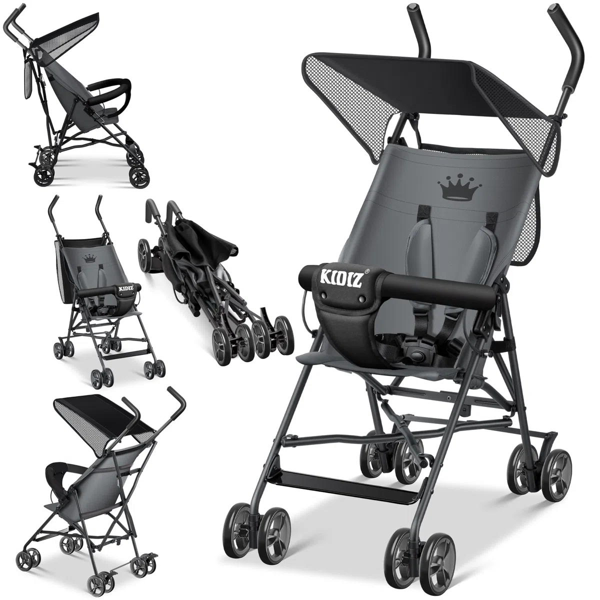 KIDIZ® Kinderwagen CITY Buggy Kinderbuggy klappbar Sportwagen Faltbar 360° 4-Zoll-Räder Inkl. Sonnen- und Regenverdeck zusammenklappbar 5-Punkt-Sicherheitsgurt ab 6 Monate, Anthrazit