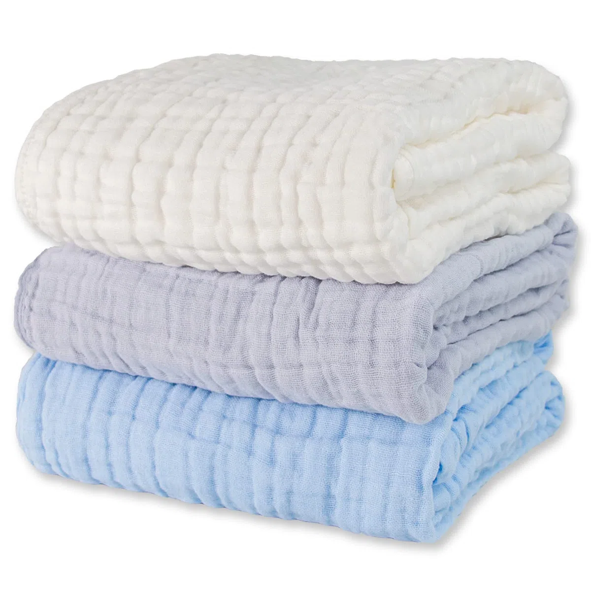 Musselin-Baby-Badetücher-Set, 3er-Pack, ultraweich und saugfähig, Baby-Handtücher, Kleinkinderdecke, Handtuch, 6-lagig, geeignet für Mädchen und Jungen, 101.6x101.6 cm (Weiß & Blau & Grau) | Musselin, Bio-Baumwolle, für Neugeborene, Mädchen und Jungen, ul