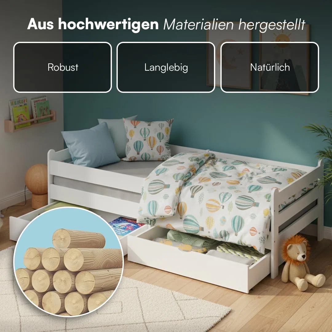 Bellabino Kuru Kinderbett 90x200 cm – Jugendbett mit 2 Schubladen - Kinder Bett mit Rausfallschutz & Lattenrost – Einzelbett für Jungen und Mädchen für Kinderzimmer – Kids Bed mit Stauraum in Weiß