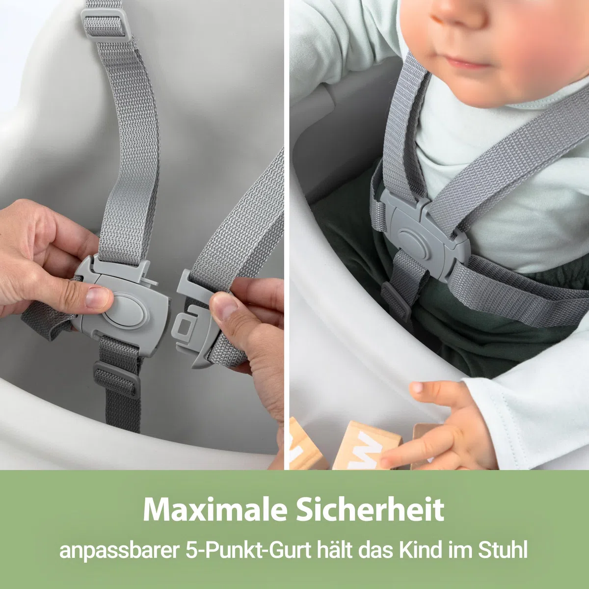 Zamboo Hochstuhl Baby ab 6 Monate | leichter Kinderhochstuhl (3,5 kg) mit edler Holzoptik, großem abnehmbarem Tablett und 5-Punktgurt | EN 14988:2017 geprüft, kippsicher, bis 15 kg - Grau