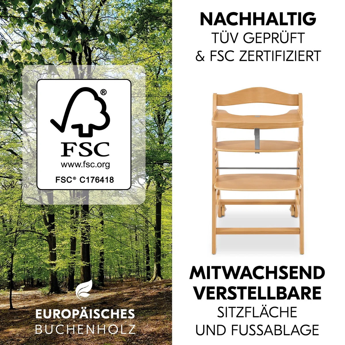 Hauck Beta+ Hochstuhl Newborn Set mit Eco Bouncer Natural - Mitwachsender Holz Kinderhochstuhl mit Rollen ab Geburt bis 90 kg inkl. Neugeborenenaufsatz, Essbrett & Sitzkissen