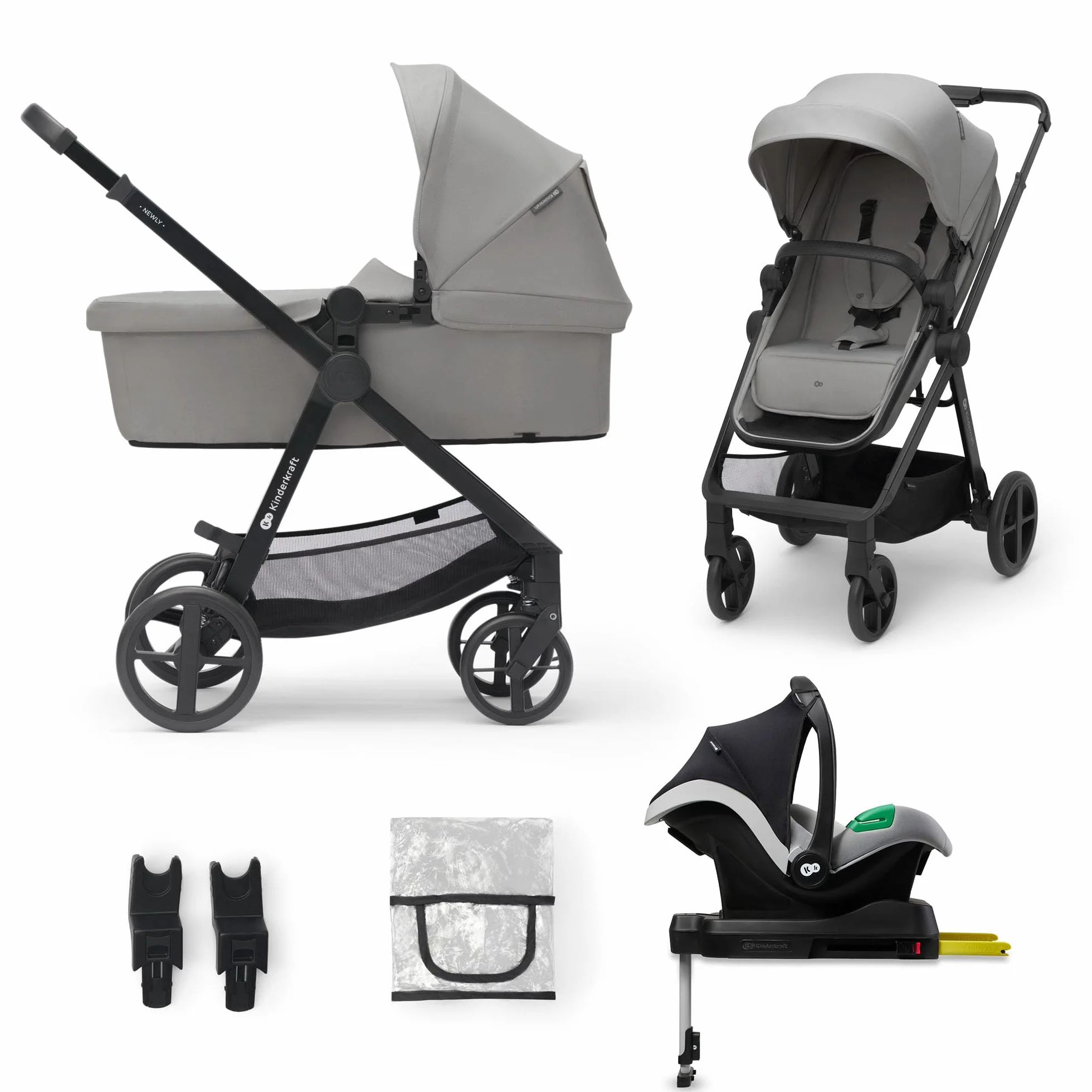 Kinderkraft 4 in 1 Kombikinderwagen Komplettset bis 22 kg mit Babyschale Regenschutz Fußsack wasserfestes Verdeck UPF50+ Schwarz