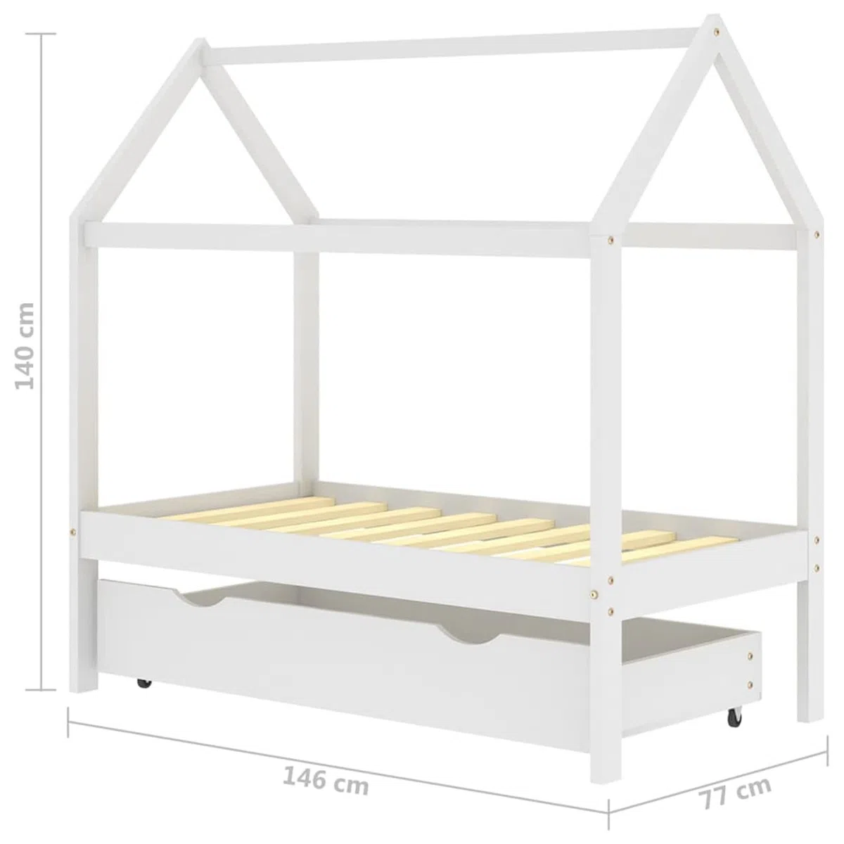 Chusui Kinderbett mit Schublade, Kinderbett, Hausbett, Betten, Kinder Bett, Weiß Massivholz Kiefer 70x140 cm