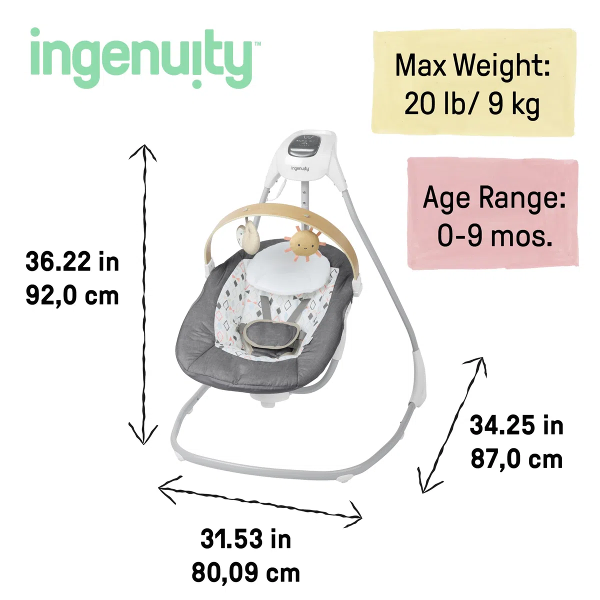 Ingenuity SimpleComfort Compact Soothing Swing, drehbare Spielzeugstange, drehbarer Sitz, 6 Geschwindigkeiten, für Kinder von 0-9 Monaten, bis zu 9kg - Parker