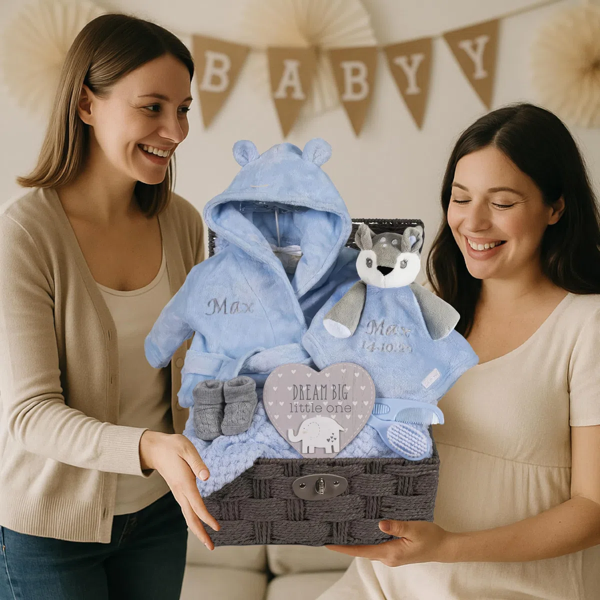 Baby-Geschenkset, Korb für Jungen, groß, Geschenkkorb für Jungen, Neugeborene, Hirsch, Schmusetuch, Babyparty, speziell, einzigartig, weich