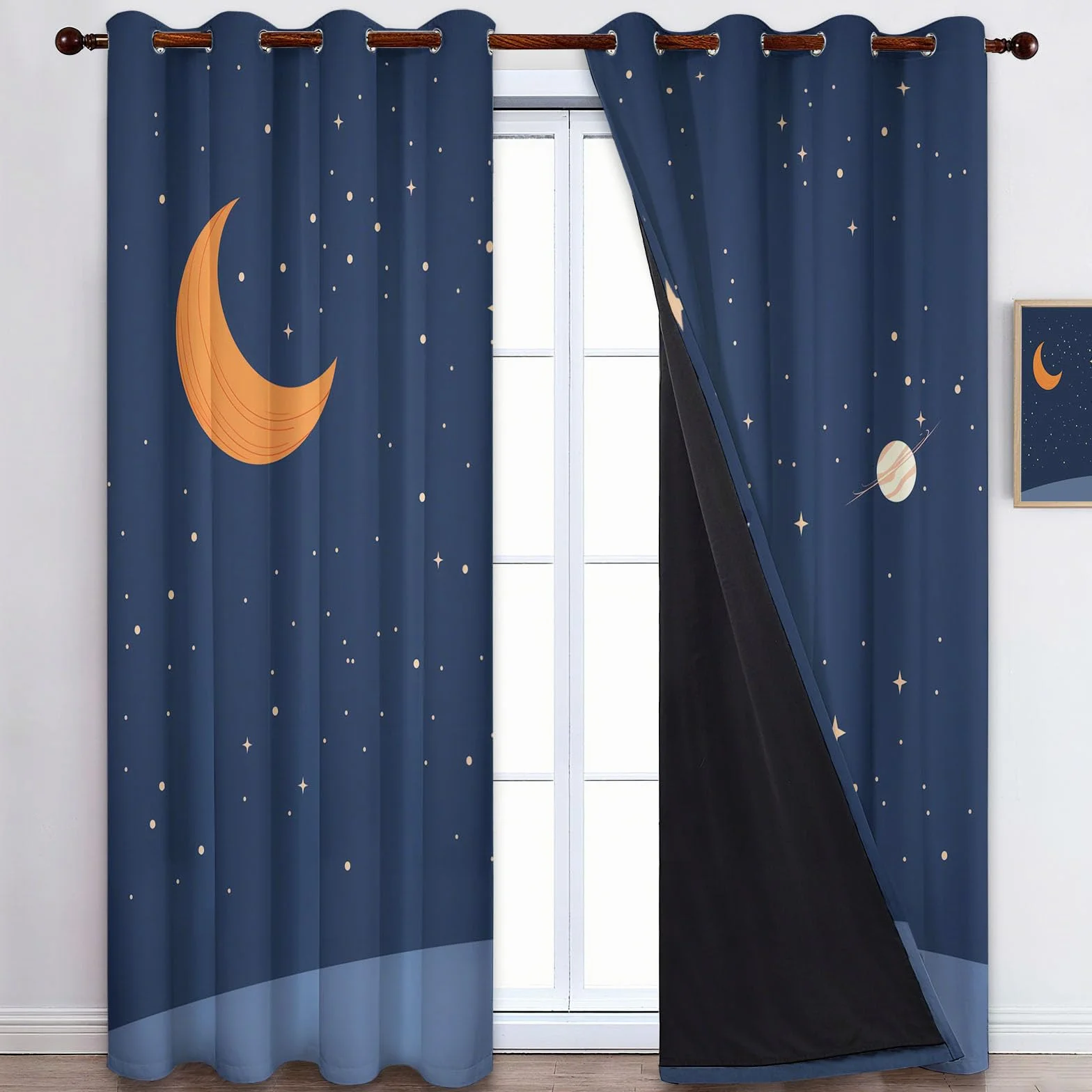 Blackout Vorhänge H166 x B150 cm Verdunkelung Vorhang mit Ösen, Cartoon Tier Fuchs Sterne Vorhang Dunkelblau Weich Polyester Vorhänge für Wohnzimmer Schlafzimmer und Kinderzimmer Dekorieren