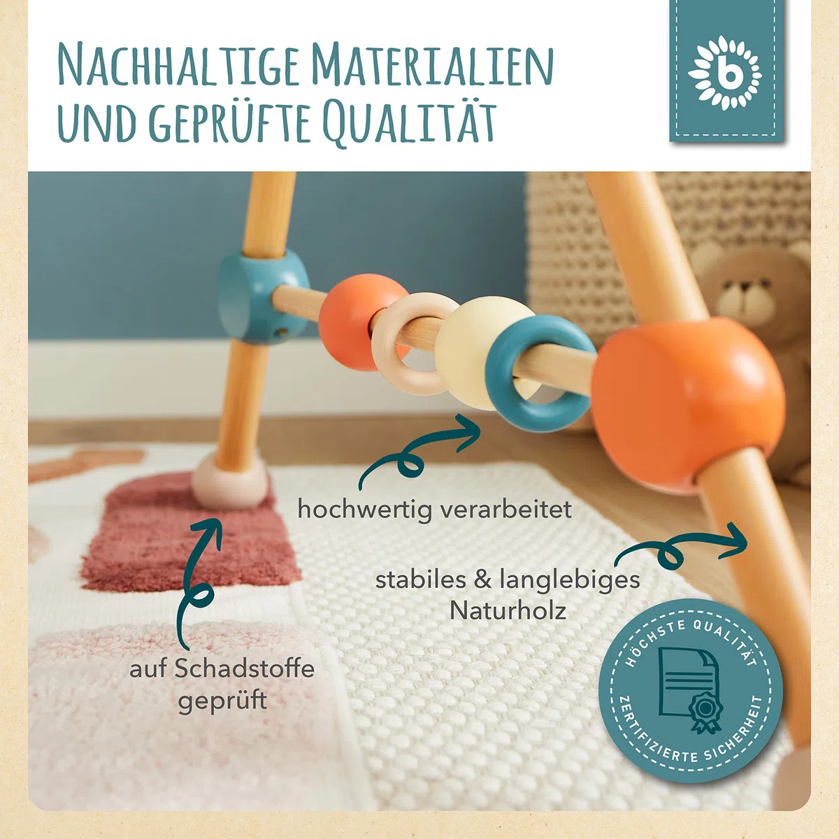 Bieco Spieltrapez | Spielbogen für Babys -Figuren, Rasseln, Kugeln | Spielebogen Holz Baby | Spieltrapez Baby Mobile Holz | Activity Center Baby Gym Spielzeug