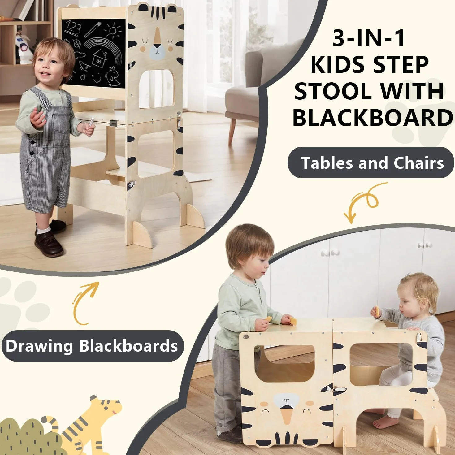 labebe lernturm für Kinder, klappbar Montessori Learning Tower, 3 in 1 lernstuhl Kinder mit Message Boards ab 1 Jahr-Tiger