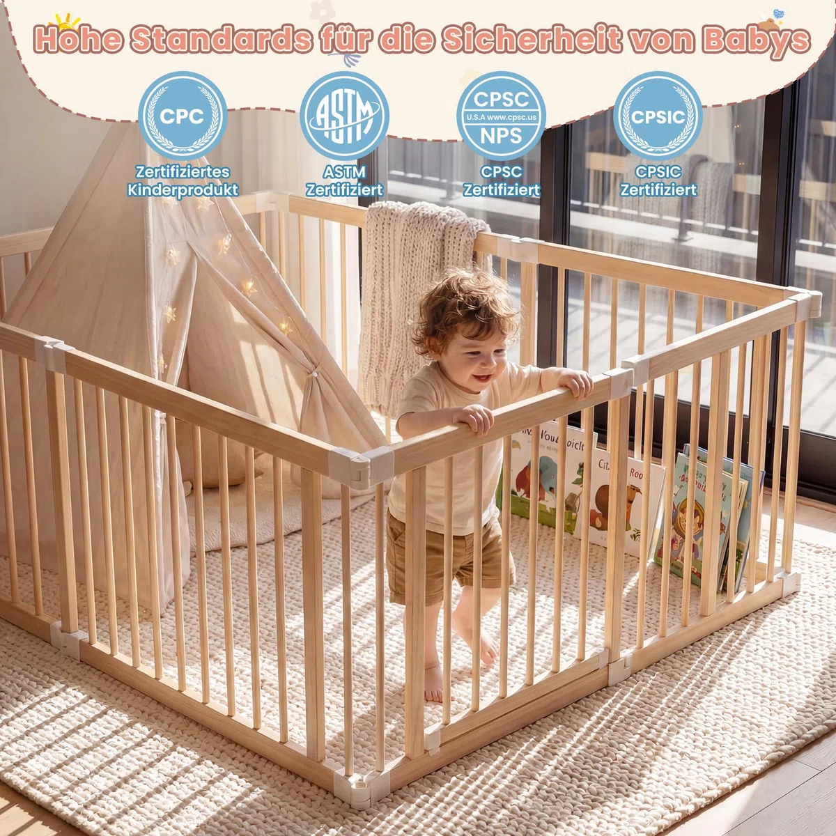 BLEKOO Laufstall Baby Holz mit Spielcenter – 140 x 140 cm Laufstall Baby Faltbar | Verstellbarer Holzlaufstall mit Spielzeug & Tor (8-teilig)