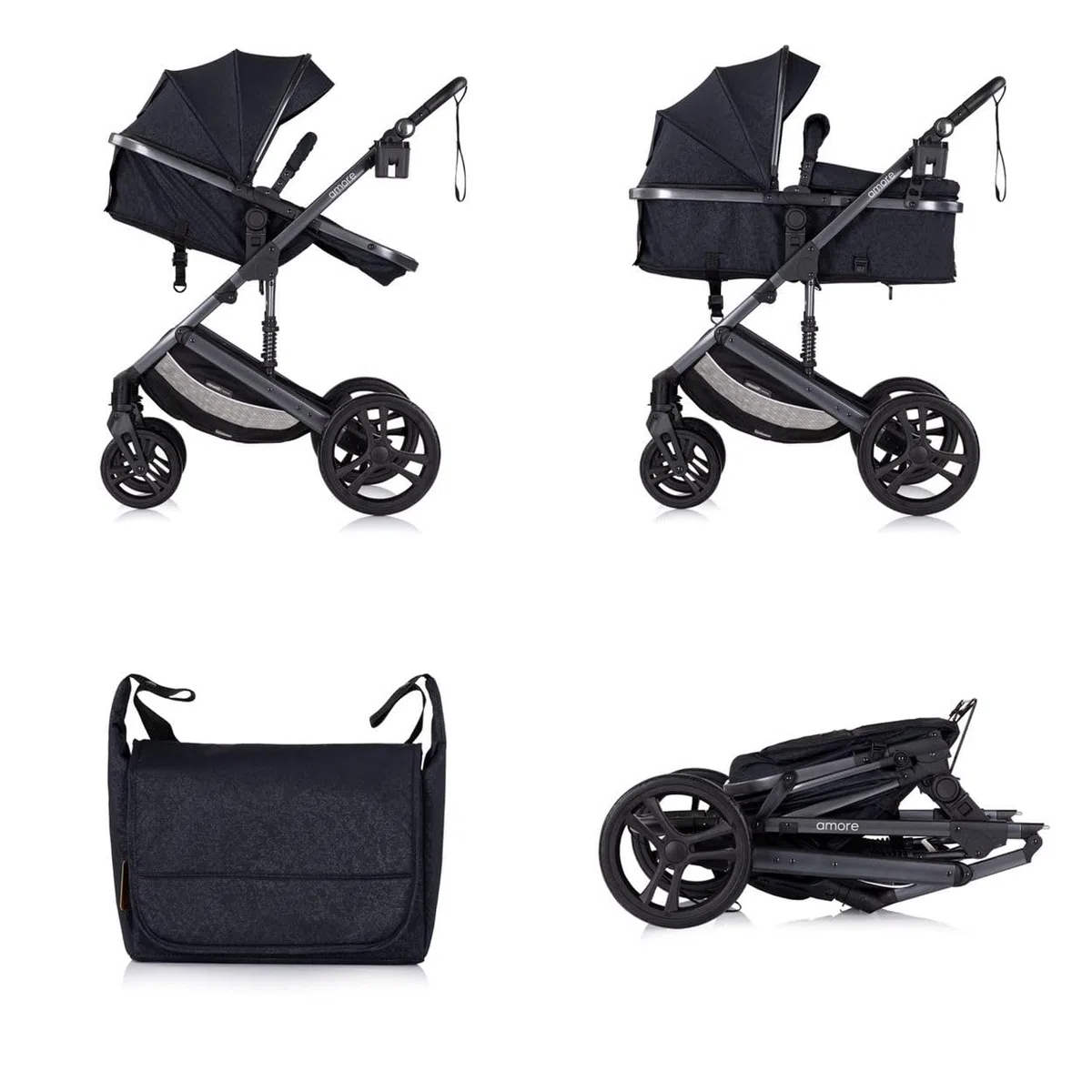 Chipolino Kinderwagen 2 in 1 Amore Getränkehalter Wickeltasche Fußabdeckung Korb schwarz gemustert
