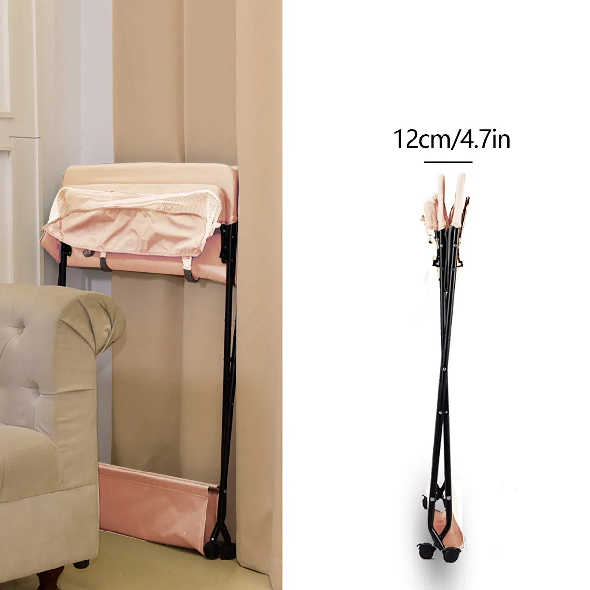 Klappbar Wickelunterlage und Tragbarer, Wickelaufsatz Baby mit Motiv Giraffe, Höhenverstellbar, Wickeltisch mit Rollen, Sicherheitsgurt und Ablagefächern Wickelkommode 80 * 63 * 96cm (Khaki)