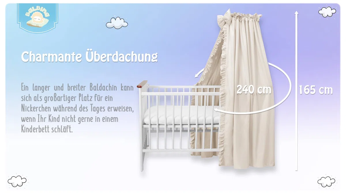 balbina Baldachin 100% Baumwolle, Deko-Set für Kinderbett, Betthimmel mit Rüsche & Schleife, Moskitonetz für Babyzimmer, Undurchsichtiger Bettvorhang ohne Himmelstange, 240 x 165 cm, Hellbeige