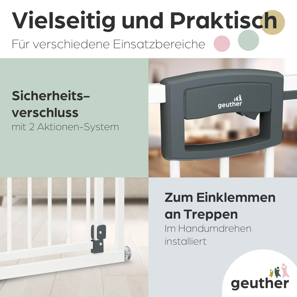 Geuther Treppenschutzgitter Easylock Plus | Türschutzgitter ohne Bohren inkl Klemmen | Breite 84,5-92,5 cm | Türgitter Baby Holz-Metall | Kinderschutzgitter beidseitig öffnend | Kindersicherung | Weiß