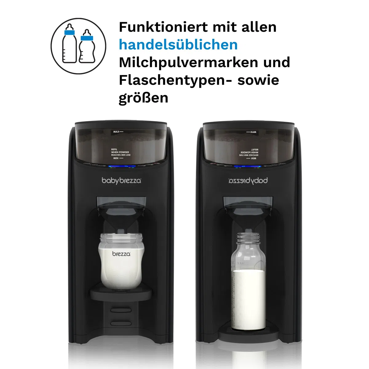 Baby Brezza Formula Pro Advanced – Automatischer Flaschenzubereiter | Mischt Milchpulver & Wasser perfekt – Mit 2 Milchpulvertrichtern (1 im Gerät, 1 extra) – 3 Temperaturen – BPA-frei – schwarz
