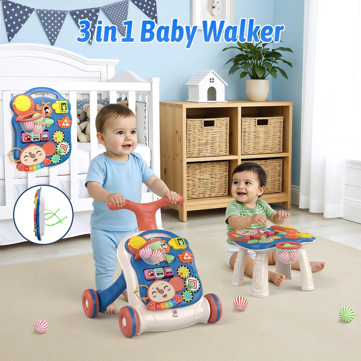 QDRAGON 3 in 1 Lauflernwagen, Baby Lauflernhilfe Mit Regulierbarer Geschwindigkeit, Baby Spiel Gehhilfe Mit Abnehmbarem Spielboard, Baby Walker Für Kinder Von 12-36 Monaten, Blau