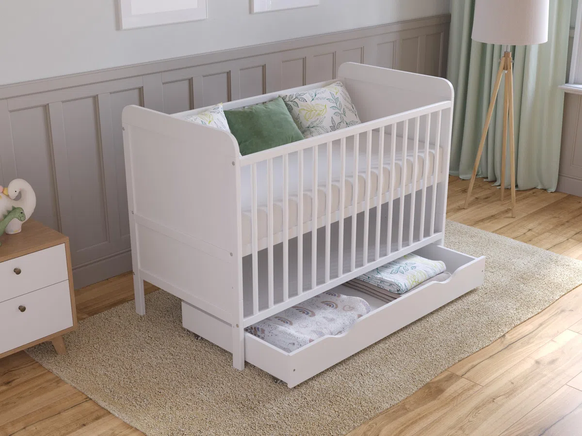 Love For Sleep Babybett Beistellbett 120x60 cm mit Schublade & Matratze - Kinderbett Holz Weiß, Babybett Komplett Set Mitwachsend Gitterbett