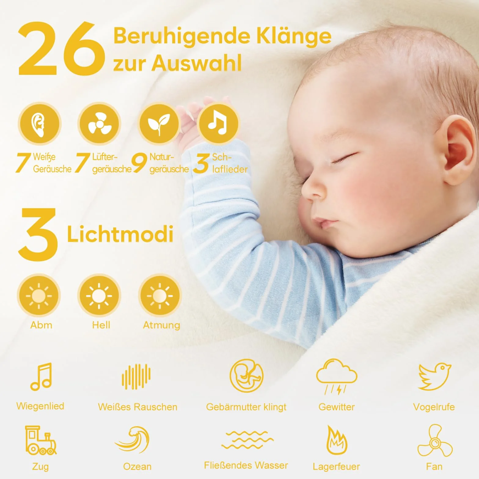 Easy@Home White Noise Machine: Tragbare Einschlafhilfe Babys mit weißem Rauschen | Nachtlicht | 26 Beruhigende Schlaflieder & Naturgeräusche | 3 Timer-Einstellungen | 7 Bunte Beleuchtung & USB
