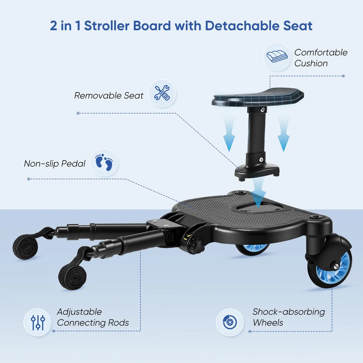 Buggy Board mit Sitz, Buggy Board für alle Kinderwagen, Trittbrett Mitfahrbrett universal, Kiddy Board für Kinder von 2-6 Jahren, Bearing 25KG (Blau)