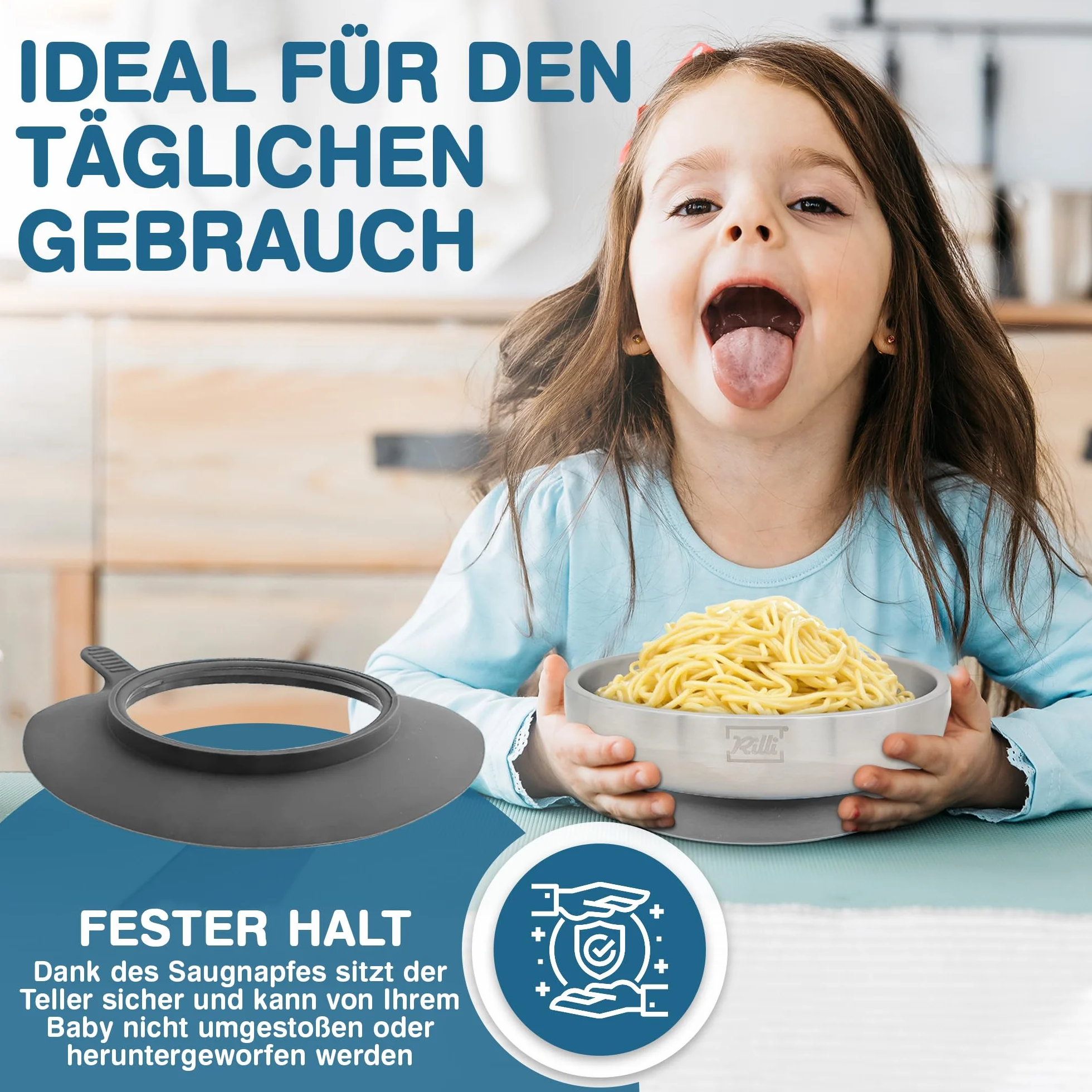 Rilli Edelstahl Teller für Babys mit Saugnapf, tiefer Kinderteller, grau | Doppelwandiger 304er Edelstahl · BPA-frei · schadstoffgeprüft · spülmaschinenfest · für BLW und Beikost