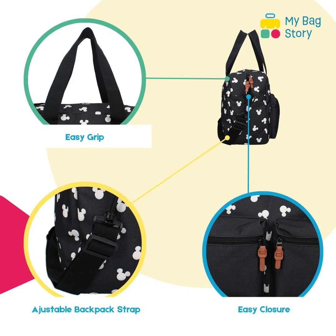 mybagstory - Wickeltasche mit großer Kapazität mit Wickelunterlage Micky Maus - Größe 40 cm - verstellbare Träger, Mickey Mouse - Schwarz, 40 cm x 28 cm x 16 cm