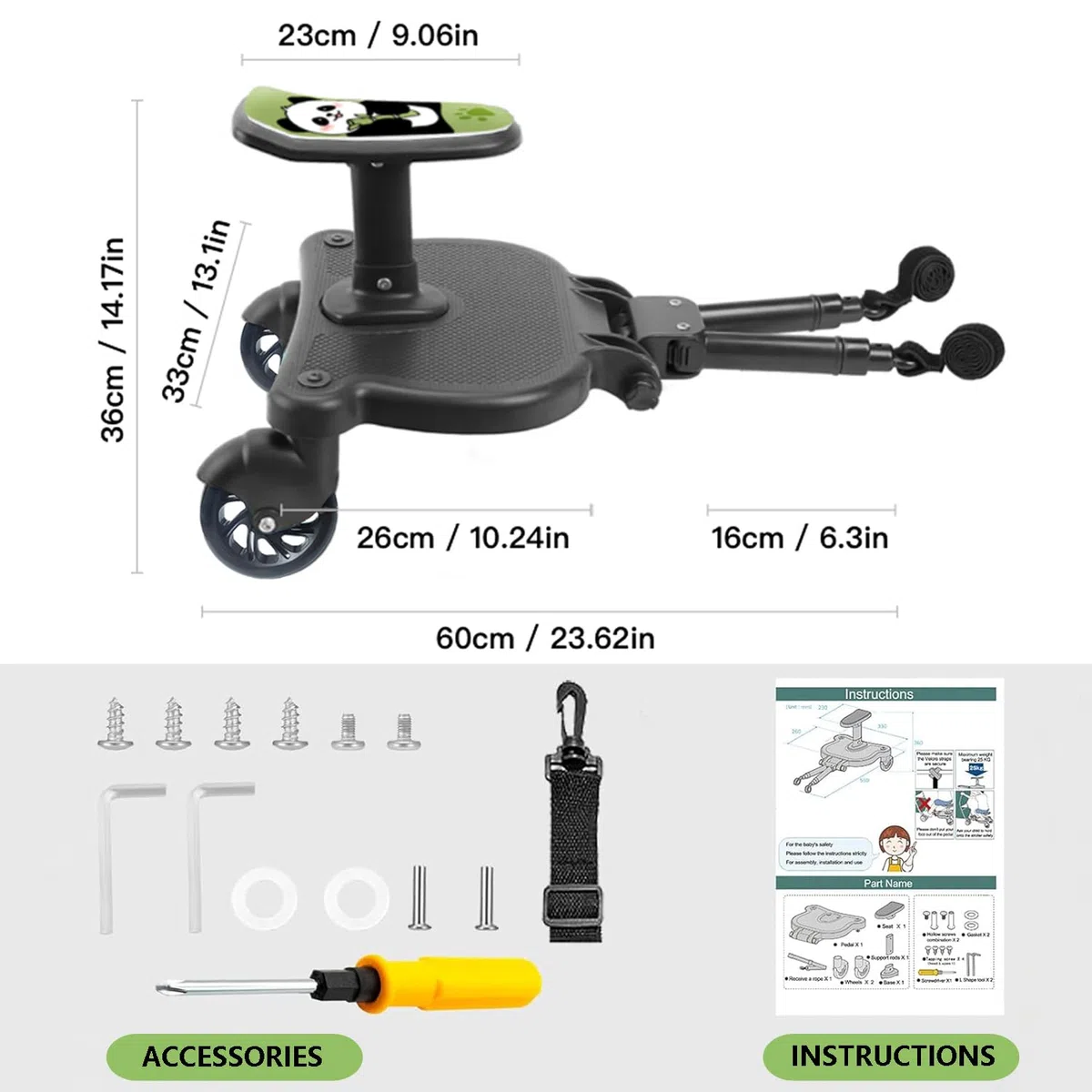 Buggy Board mit Sitz, BuggyBoard, Kinderwagen Board, trittbrett für kinderwagen universal, kompatibel mit fast jedem Buggy und Kinderwagen, Tragfähigkeit 25kg (schwarze Räder)