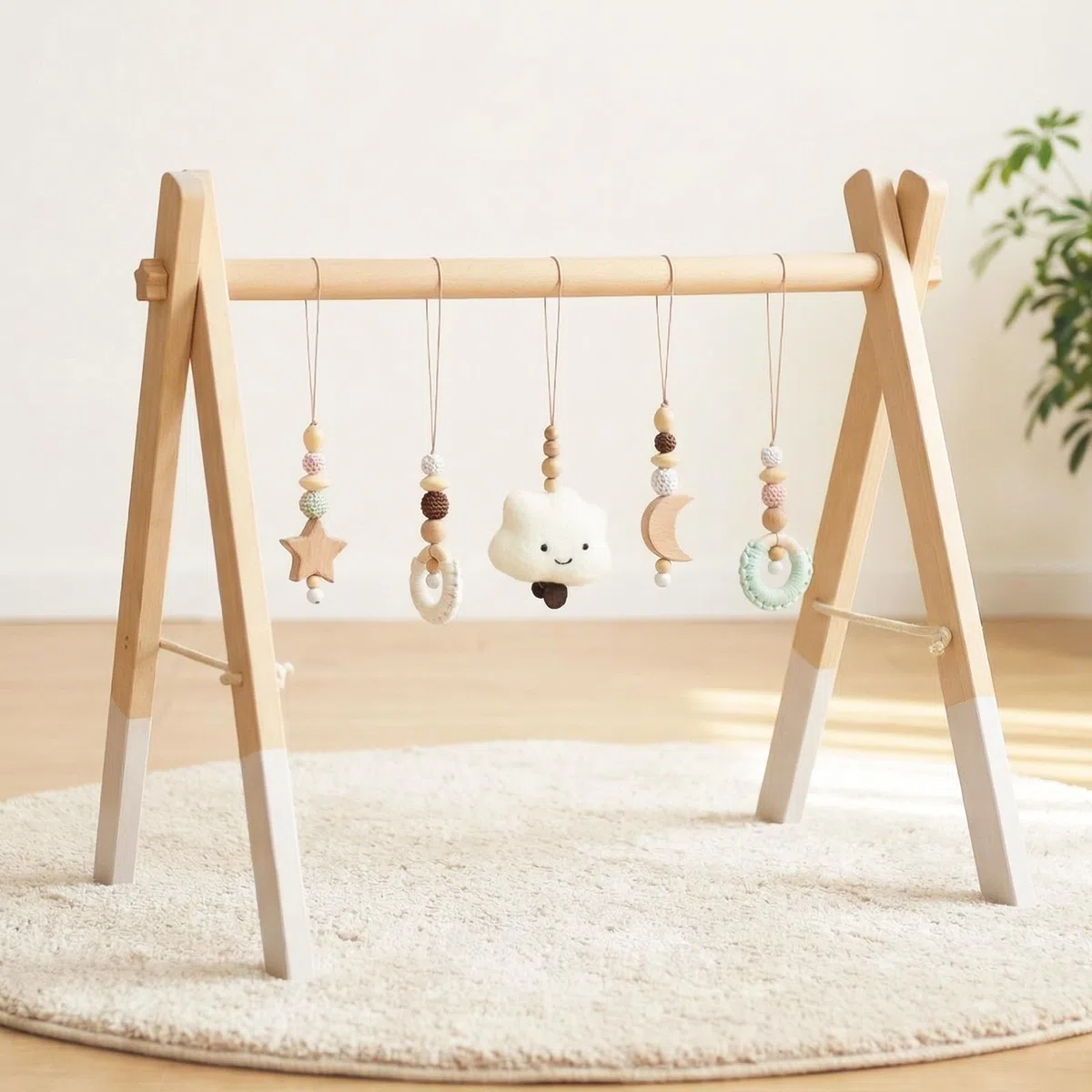 let's make Spielbogen Baby Holz- Montessori Spielbogen mit 5 abnehmbaren Sensorischen Spielzeugen, Faltbar Baby Gym Activity Center, Neugeborenes Geschenk für 0-18 Monate (Style B)